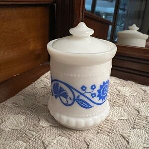 HAZEL-ATLAS Vintage MCM Mid Century Modern Milk Glass Condiment Jar White Blue